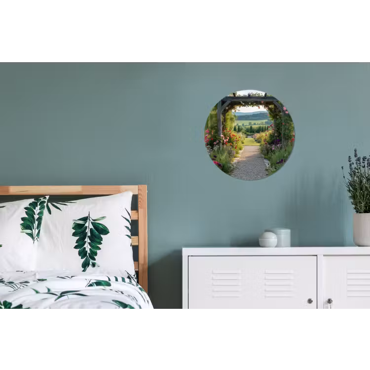 Doorkijk - Landschap - Natuur - Tuinboog - Bloemen Wandcirkel aluminium klein -slaapkamer