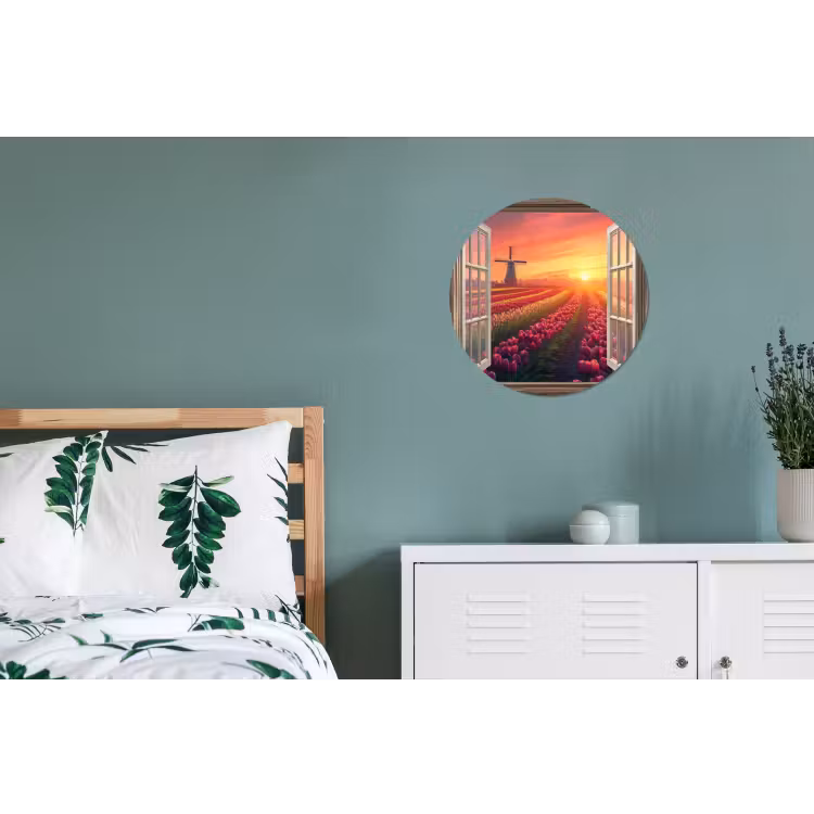 Doorkijk - Tulpen - Zonsondergang - Bloemen - Kleurrijk Wandcirkel aluminium klein -slaapkamer