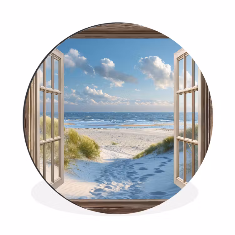 Doorkijk - Strand - Raam - Duinen - Zee Wandcirkel aluminium klein -3d