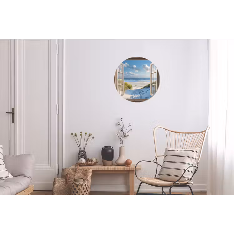 Doorkijk - Strand - Raam - Duinen - Zee Wandcirkel aluminium klein -woonkamer