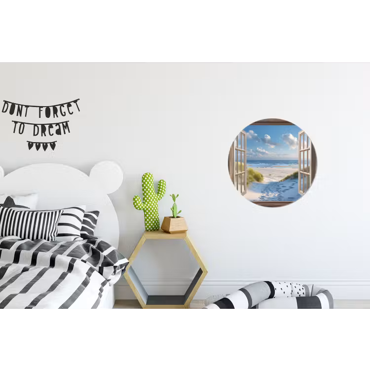 Doorkijk - Strand - Raam - Duinen - Zee Wandcirkel aluminium klein -kinderkamer