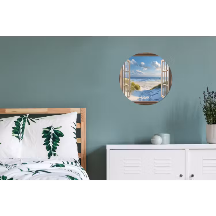 Doorkijk - Strand - Raam - Duinen - Zee Wandcirkel aluminium klein -slaapkamer