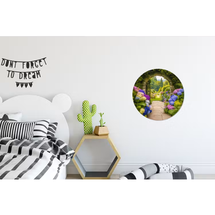 Doorkijk - Poort - Hortensia - Bloementuin Wandcirkel aluminium klein -kinderkamer