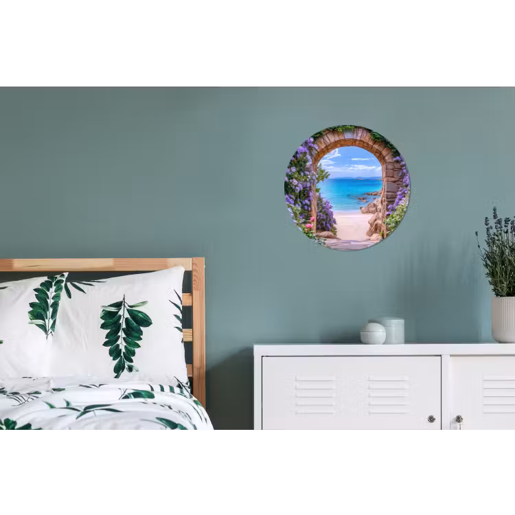 Doorkijk - Poort - Zee - Strand - Rotsen Wandcirkel aluminium klein -slaapkamer