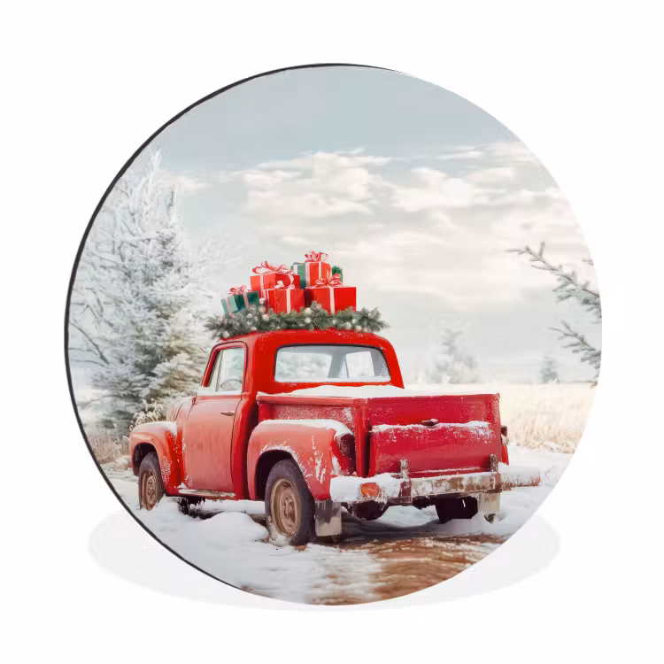 Auto - Rood - Cadeaus - Winter - Sneeuw - Kerst Wandcirkel aluminium klein -3d