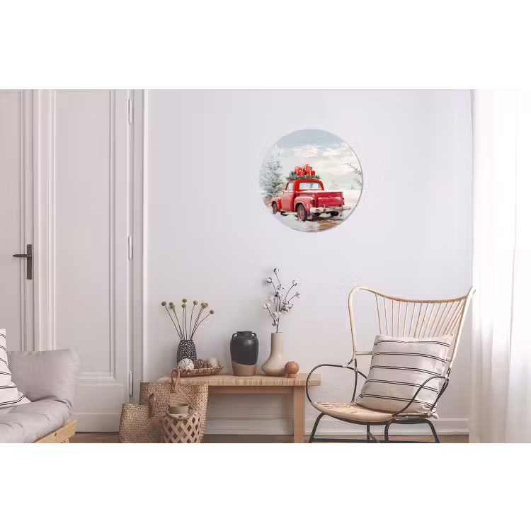 Auto - Rood - Cadeaus - Winter - Sneeuw - Kerst Wandcirkel aluminium klein -woonkamer
