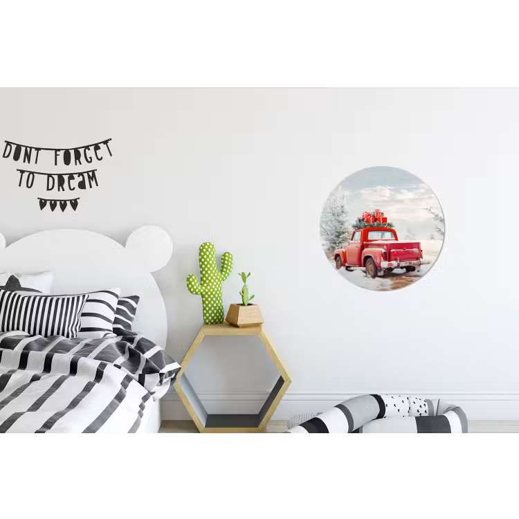 Auto - Rood - Cadeaus - Winter - Sneeuw - Kerst Wandcirkel aluminium klein -kinderkamer