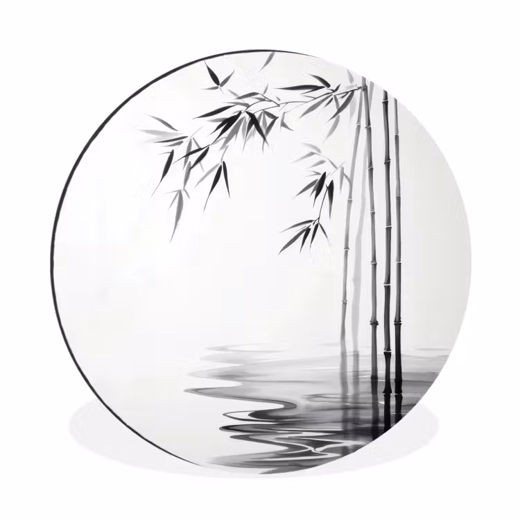 Bamboestammen - Water - Minimalistisch - Wit Wandcirkel aluminium klein -3d