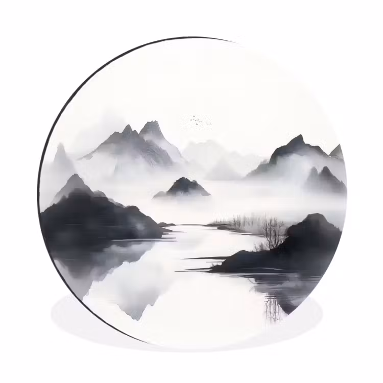 Bergen - Mistig - Water - Wit Wandcirkel aluminium klein -3d