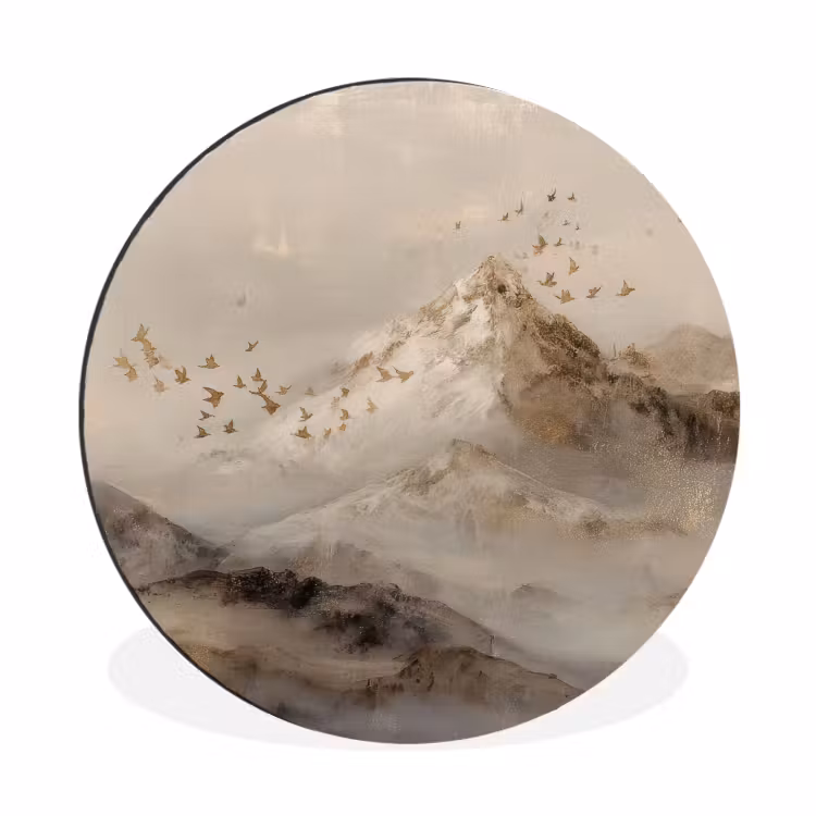 Berglandschap - Mist - Penseelstreken Wandcirkel aluminium klein -3d