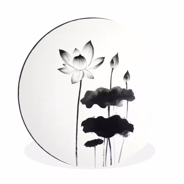 Bladeren - Zwart - Lotusbloem - Minimalitisch Wandcirkel aluminium klein -3d