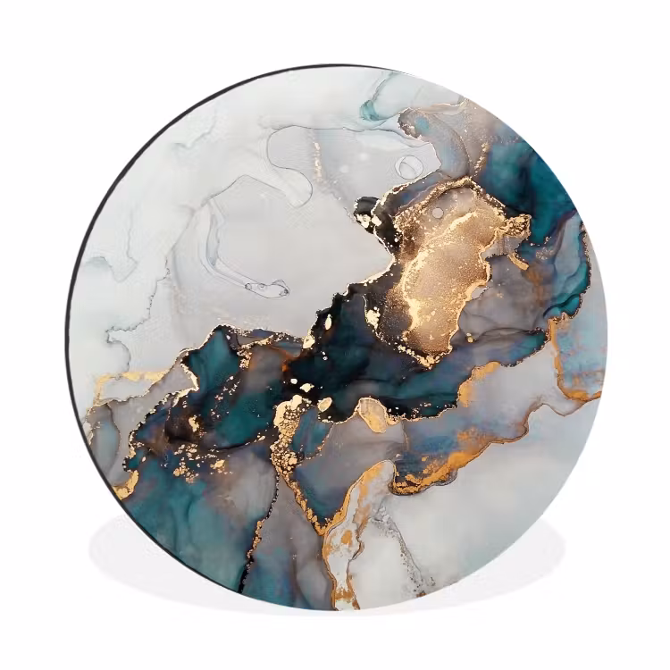 Blauw - Marmer - Goud Wandcirkel aluminium klein -3d