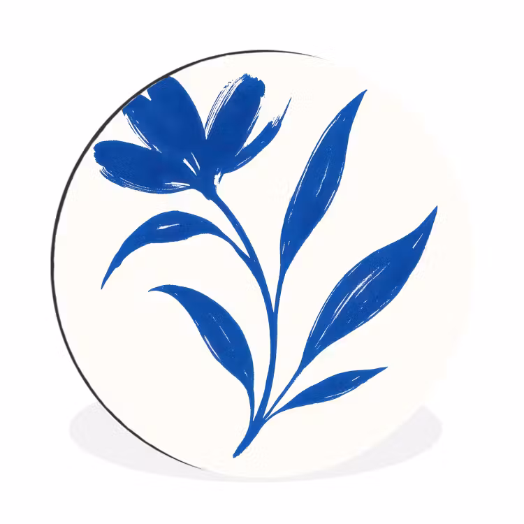 Bloem - Blaadjes - Minimalistisch - Blauw Wandcirkel aluminium klein -3d