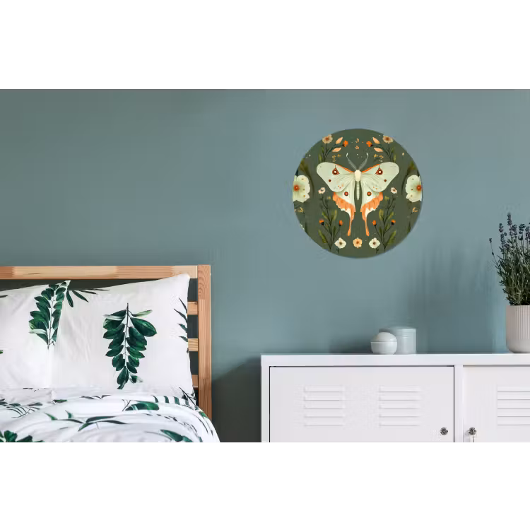 Bloemen - Bladeren - Olijfgroen - Vlinder Wandcirkel aluminium klein -slaapkamer