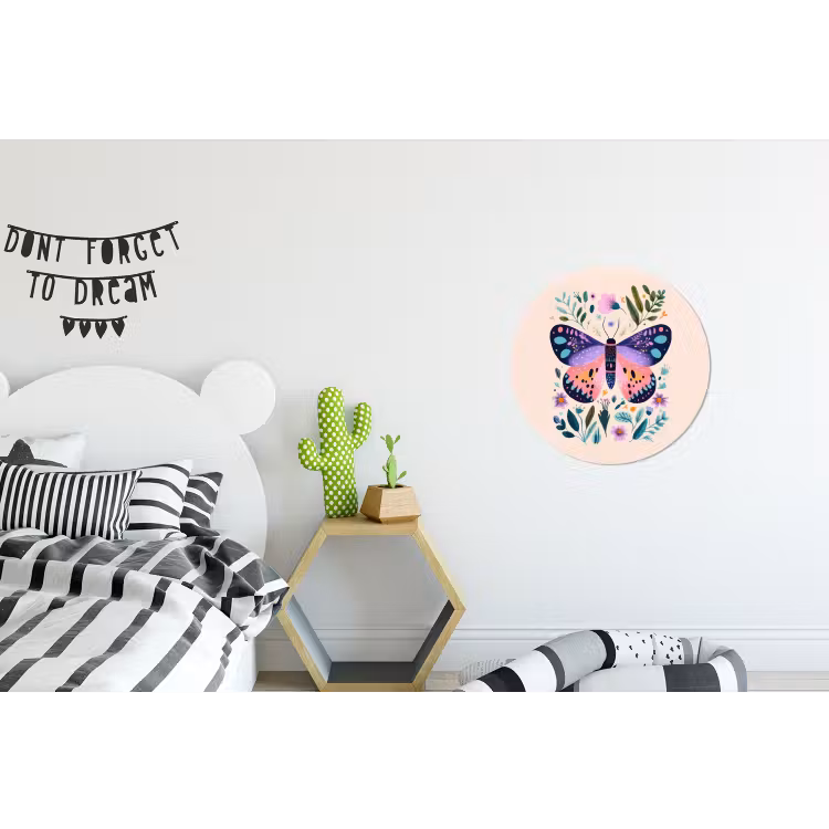 Bloemen - Bladeren - Vlinder - Kleurrijk Wandcirkel aluminium klein -kinderkamer