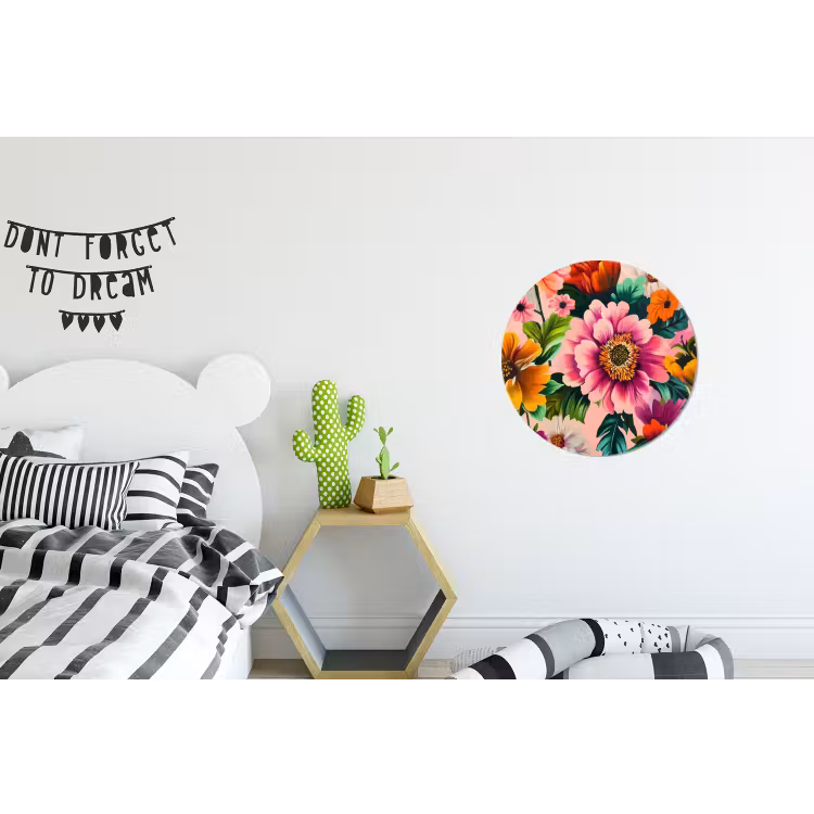 Bloemen - Kleurrijk - Roze Wandcirkel aluminium klein -kinderkamer