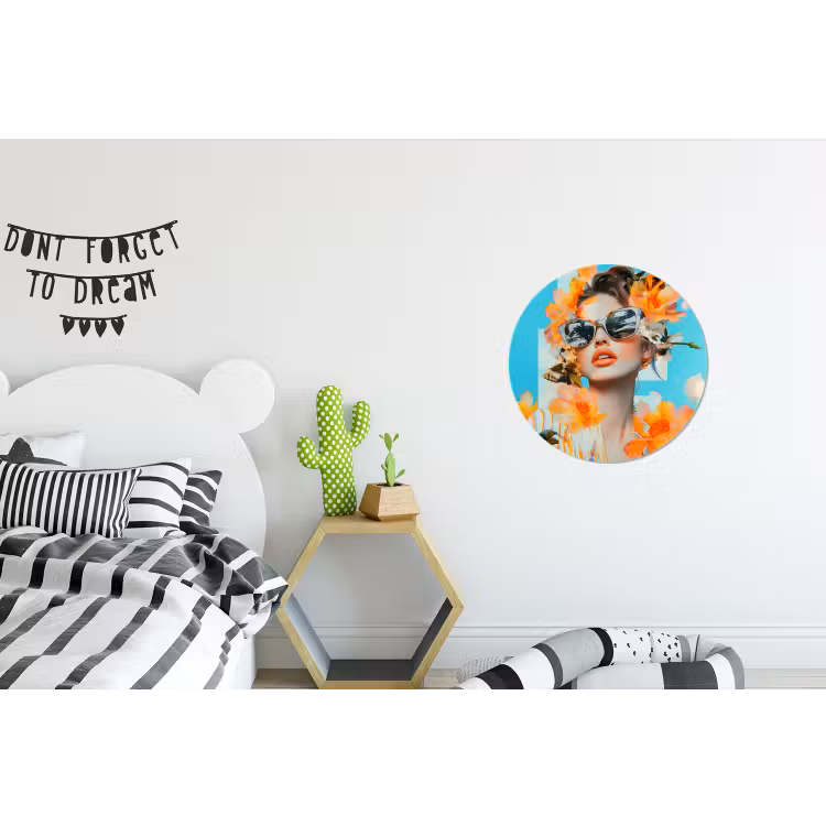 Bloemen - Vrouw - Zonnebril - Blauw Wandcirkel aluminium klein -kinderkamer