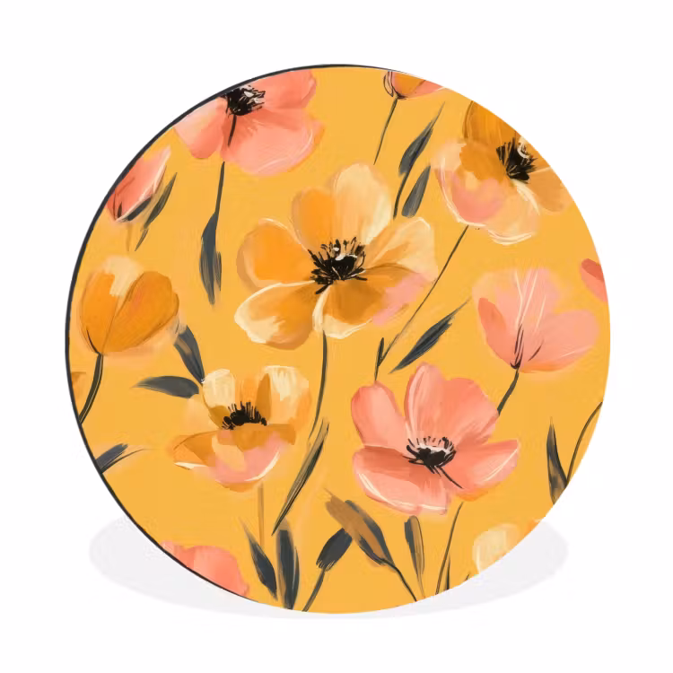 Bloemen - Geschilderd - Geel Wandcirkel aluminium klein -3d