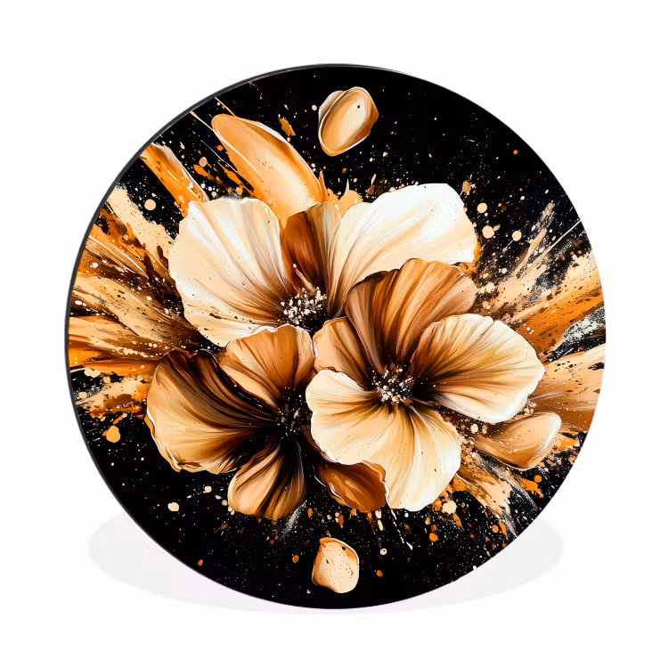 Bloemen - Goud - Graffiti - Zwart - Abstract Wandcirkel aluminium klein -3d