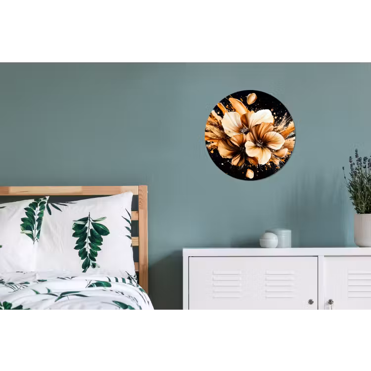 Bloemen - Goud - Graffiti - Zwart - Abstract Wandcirkel aluminium klein -slaapkamer