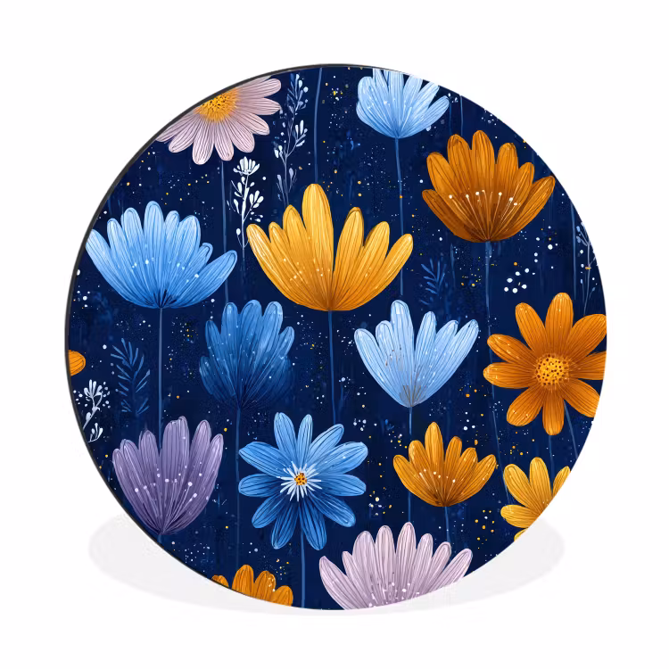 Bloemen - Patroon - Blauw - Contrast Wandcirkel aluminium klein -3d
