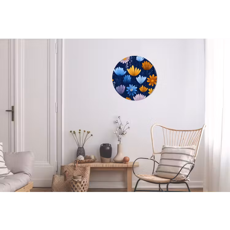 Bloemen - Patroon - Blauw - Contrast Wandcirkel aluminium klein -woonkamer