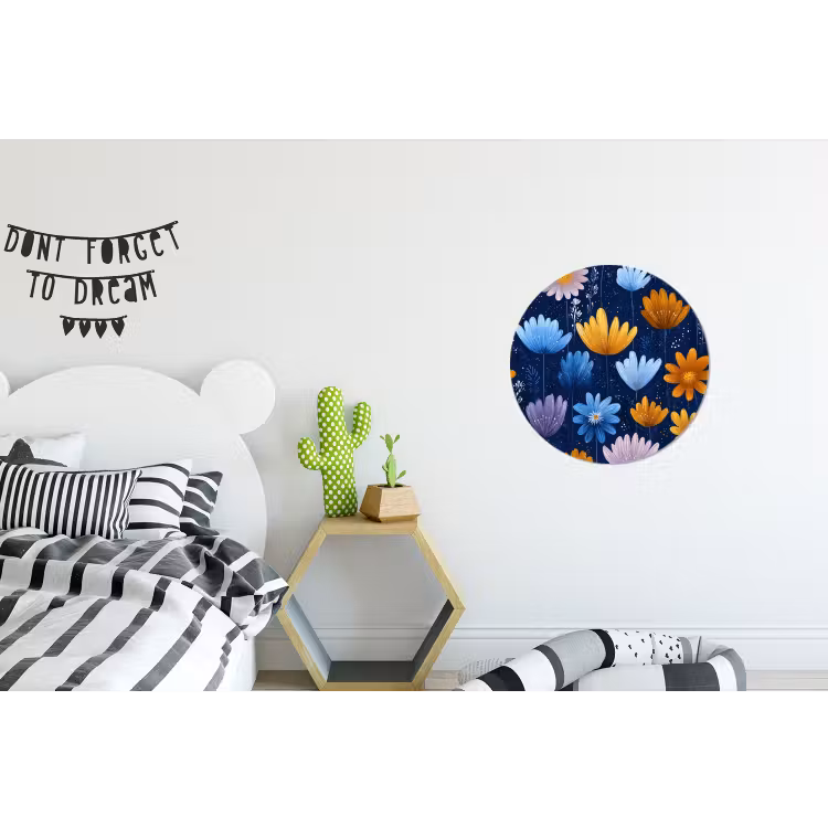 Bloemen - Patroon - Blauw - Contrast Wandcirkel aluminium klein -kinderkamer