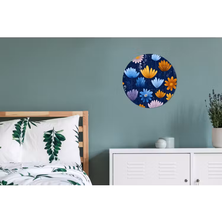 Bloemen - Patroon - Blauw - Contrast Wandcirkel aluminium klein -slaapkamer