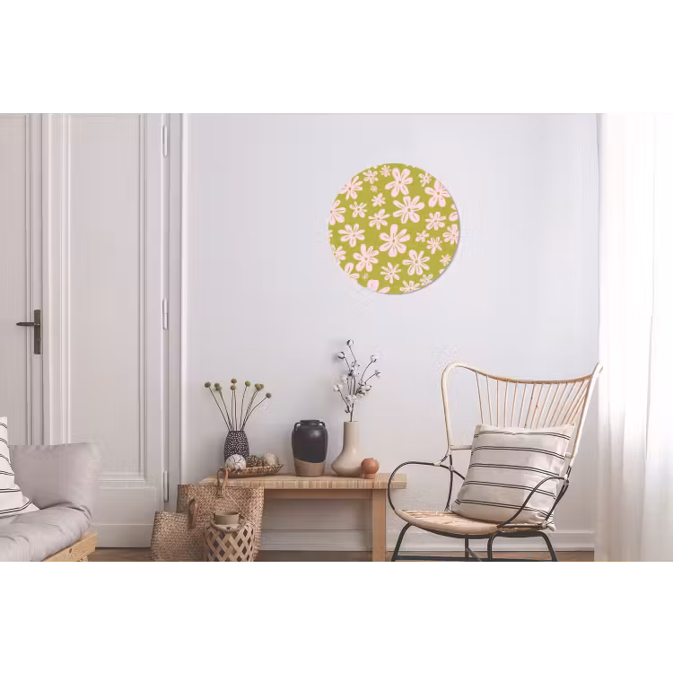 Bloemen - Roze - Getekend - Patroon Wandcirkel aluminium klein -woonkamer