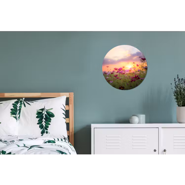 Bloemen - Roze - Zonsondergang Wandcirkel aluminium klein -slaapkamer