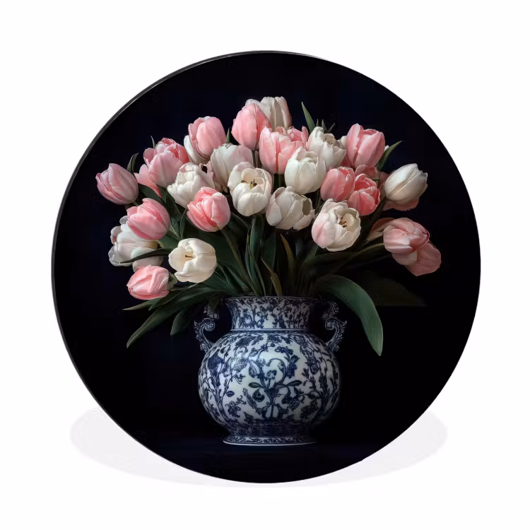 Bloemen - Roze - Tulpen - Vaas Wandcirkel aluminium klein -3d