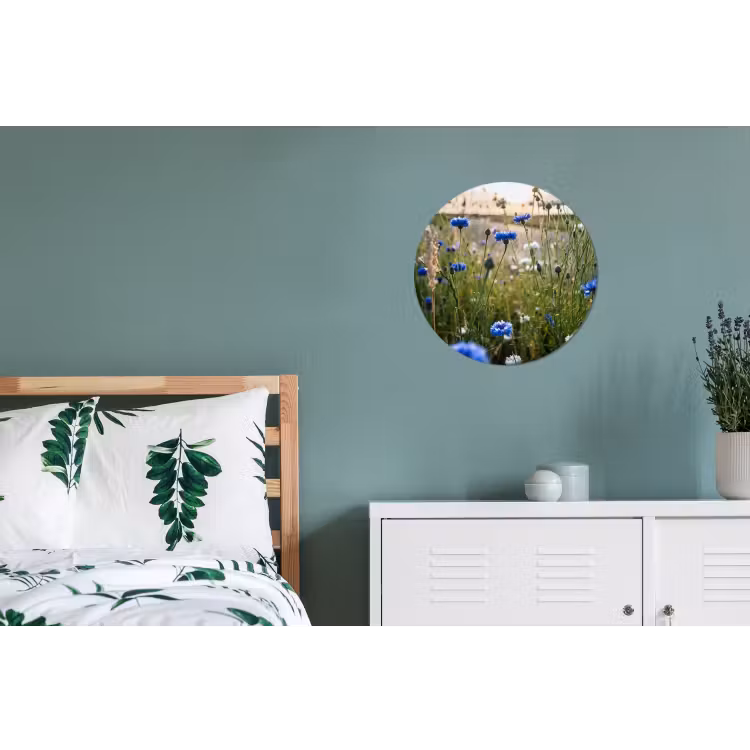 Bloemen - Zomer - Korenbloem - Blauw - Zon - Wolken Wandcirkel aluminium klein -slaapkamer