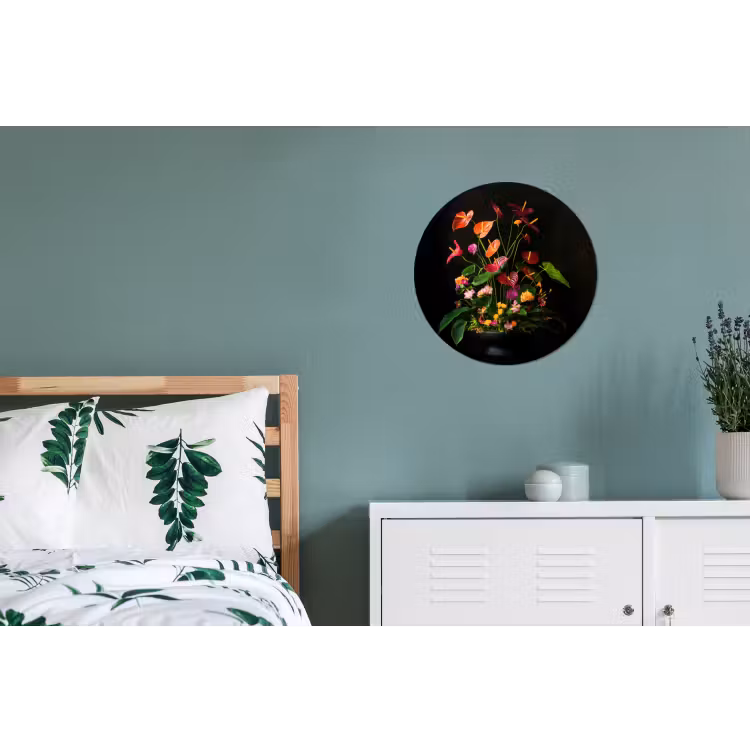 Bloemen - Vaas - Kleurrijk Wandcirkel aluminium klein -slaapkamer