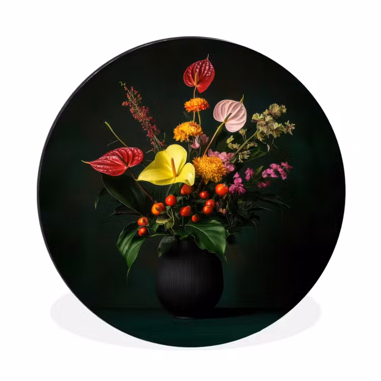 Bloemen - Vaas - Zwart Wandcirkel aluminium klein -3d