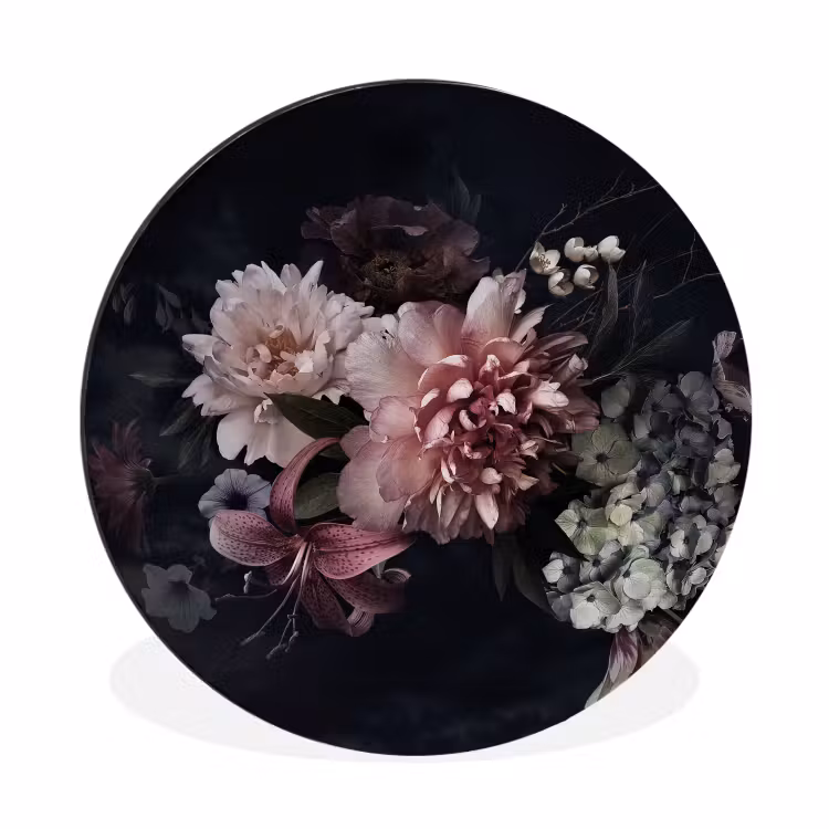 Bloemen - Vintage - Pastel - Zwart - Boeket Wandcirkel aluminium klein -3d