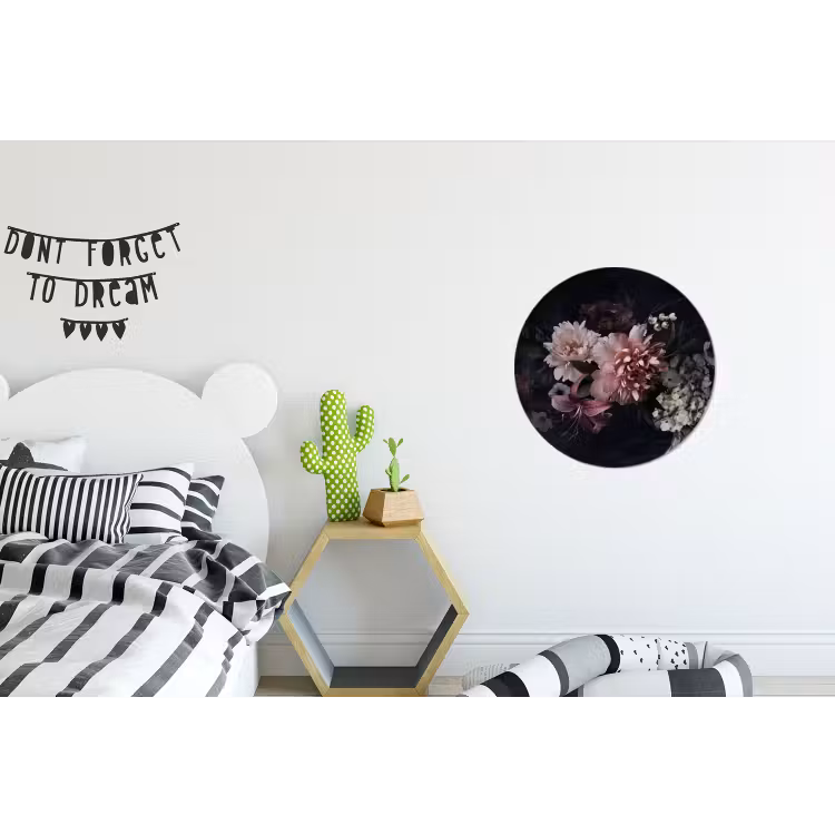 Bloemen - Vintage - Pastel - Zwart - Boeket Wandcirkel aluminium klein -kinderkamer