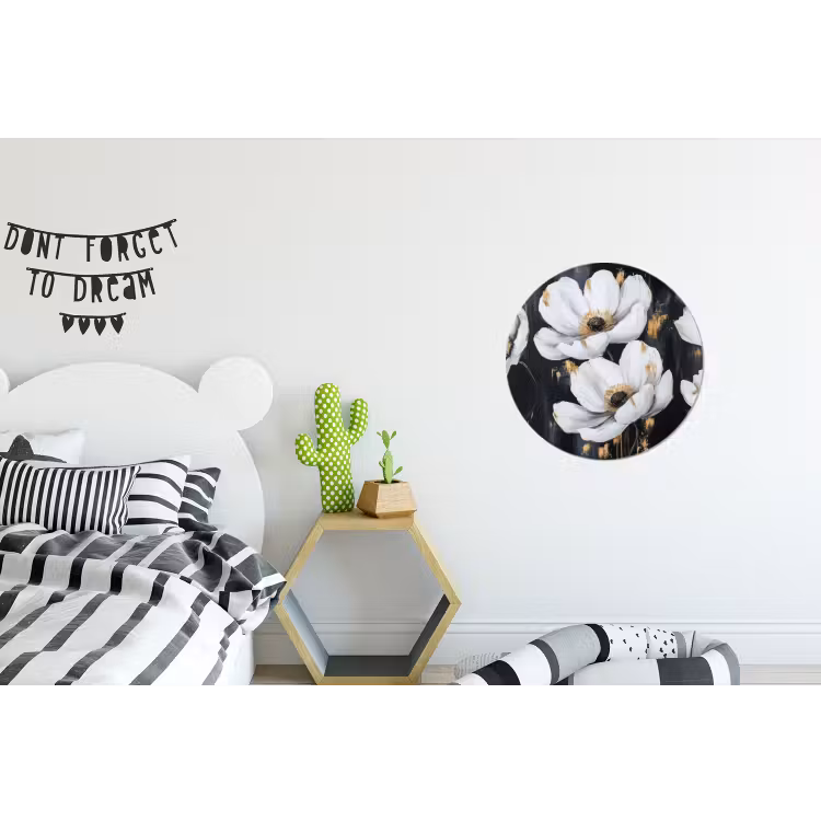 Bloemen - Wit - Abstract Wandcirkel aluminium klein -kinderkamer