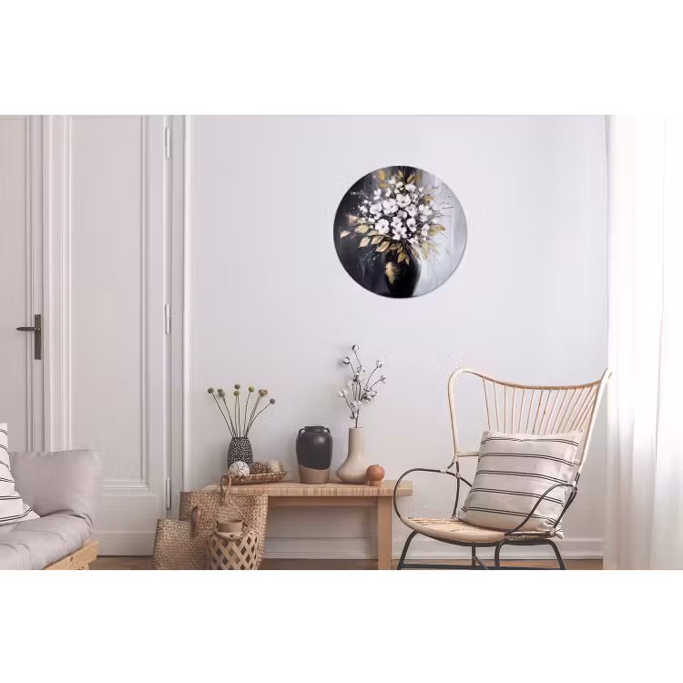 Bloemen - Wit - Vaas - Abstract Wandcirkel aluminium klein -woonkamer