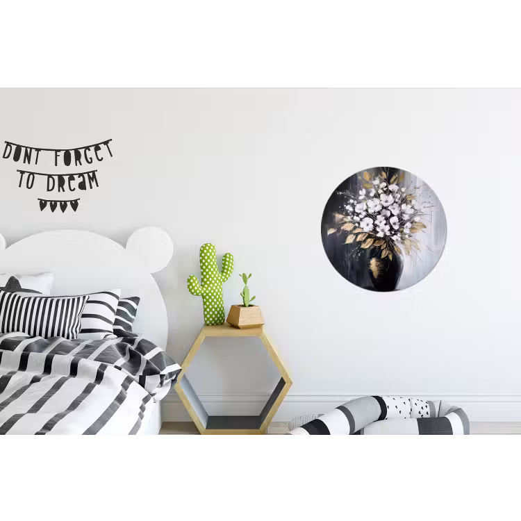 Bloemen - Wit - Vaas - Abstract Wandcirkel aluminium klein -kinderkamer