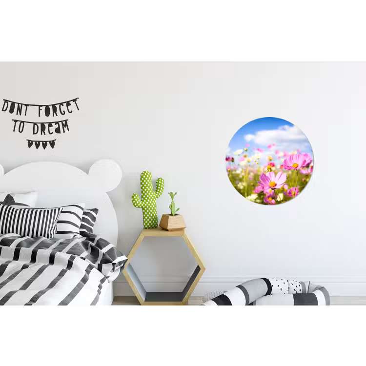 Bloemen - Wei - Paars - Gras - Wit - Wolken - Blauw Wandcirkel aluminium klein -kinderkamer