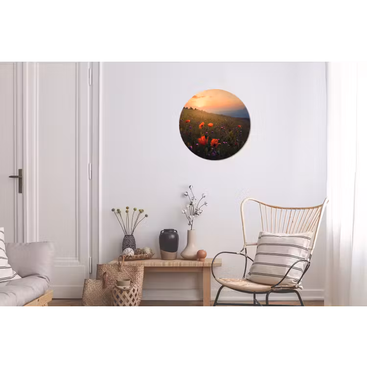 Bloemenveld - Gras - Bloemen - Planten - Zonsondergang - Oranje Wandcirkel aluminium klein -woonkamer