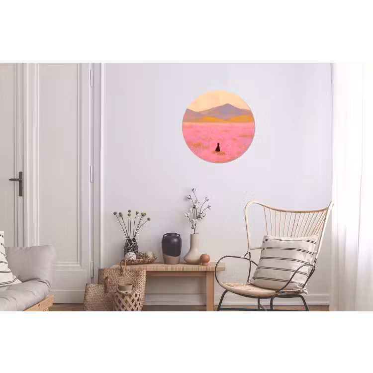 Bloemenweide - Heuvels - Silhouet - Roze Wandcirkel aluminium klein -woonkamer