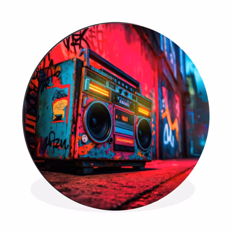 Boombox - Rood - Graffiti - Neon Wandcirkel aluminium klein -3d