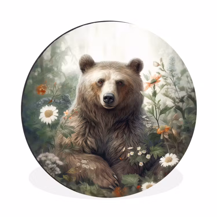 Bruine beer - Wilde dieren - Bloemen - Planten Wandcirkel aluminium klein -3d