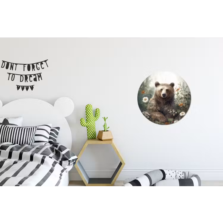 Bruine beer - Wilde dieren - Bloemen - Planten Wandcirkel aluminium klein -kinderkamer