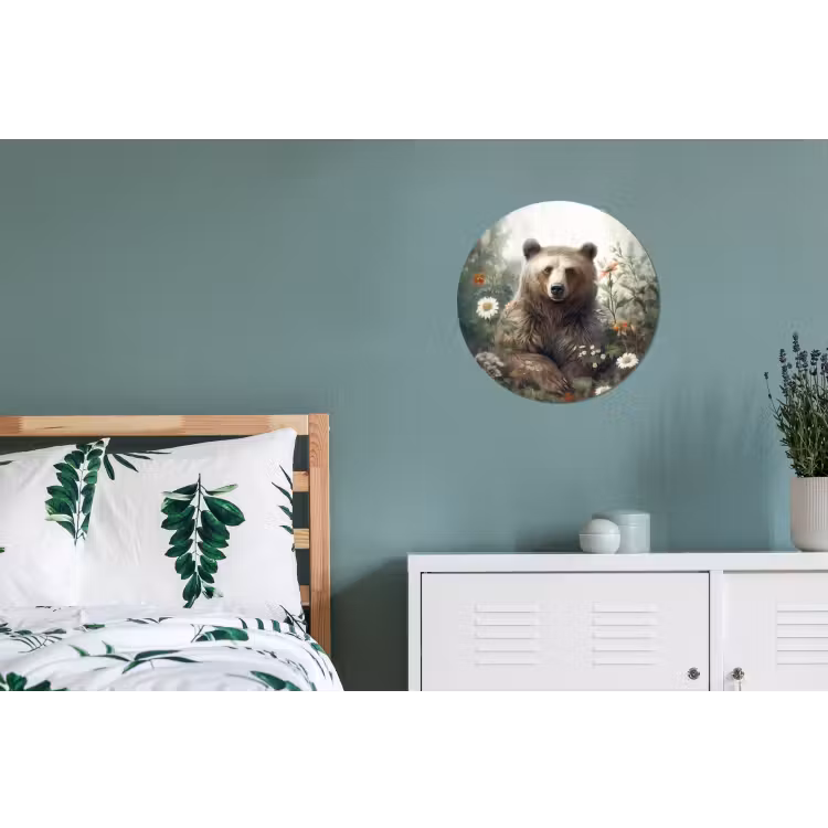 Bruine beer - Wilde dieren - Bloemen - Planten Wandcirkel aluminium klein -slaapkamer