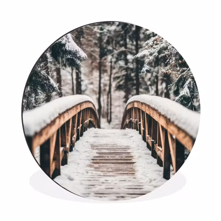 Brug - Winterlandschap - Bos - Natuur - Sneeuw Wandcirkel aluminium klein -3d