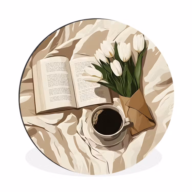 Boek - Illustratie - Tulpen - Koffie Wandcirkel aluminium klein -3d