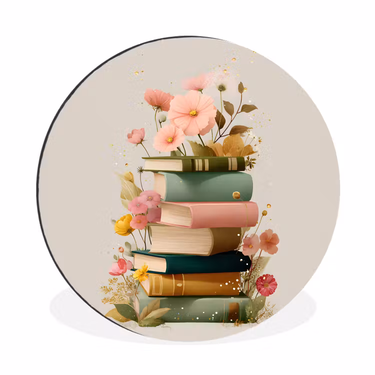 Boeken - Stapel - Bloemen - Kleurrijk Wandcirkel aluminium klein -3d