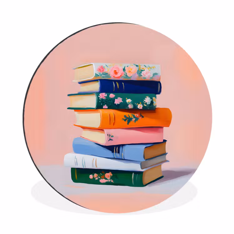 Boeken - Stapel - Kleurrijk Wandcirkel aluminium klein -3d